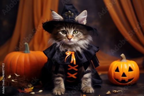 Grey cat in a witch hat and cloak sitting next to a pumpkin, Halloween concept © happy_finch