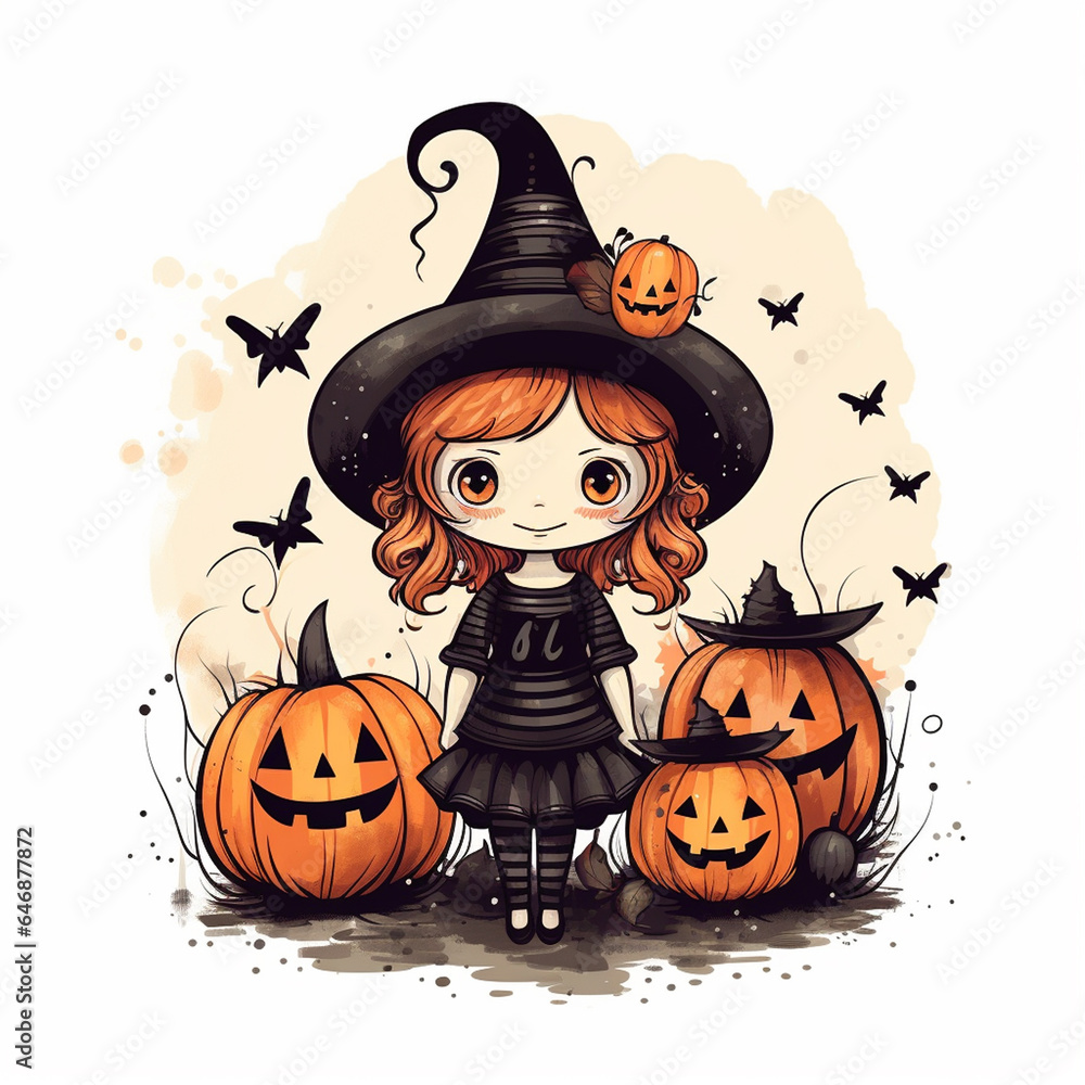 Adorable Witch Vector Style Illustration in Dark Academia Halloween Theme with an Anime Twist - Orange, Black, and Cream Color Tones on White Background Adorable Witch Vector Style Illustration in Dark Academia Halloween Theme with an Anime Twist - Orange, Black, and Cream Color Tones on White Background