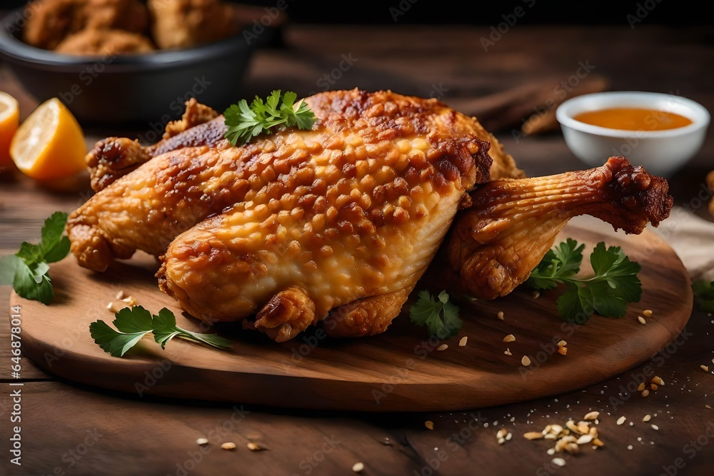 isolated Crispy Whole Fried Chicken on wooden table isolated Crispy Whole Fried Chicken on wooden table