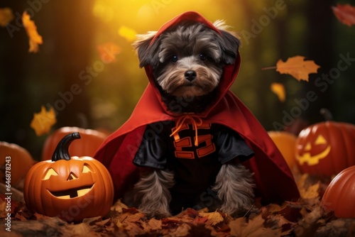 Cute black puppy in a cloak sitting next to a pumpkin in autumn forest, Halloween, thanksgiving concept