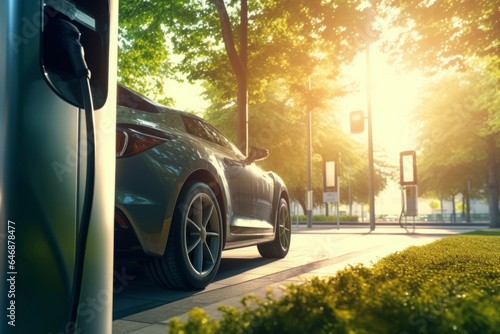Close-up of EV car or electric car charging from a charger installed in a park. Background with beautiful green trees and shining sunlight. Environmental concept of energy saving and mobility. © cwa