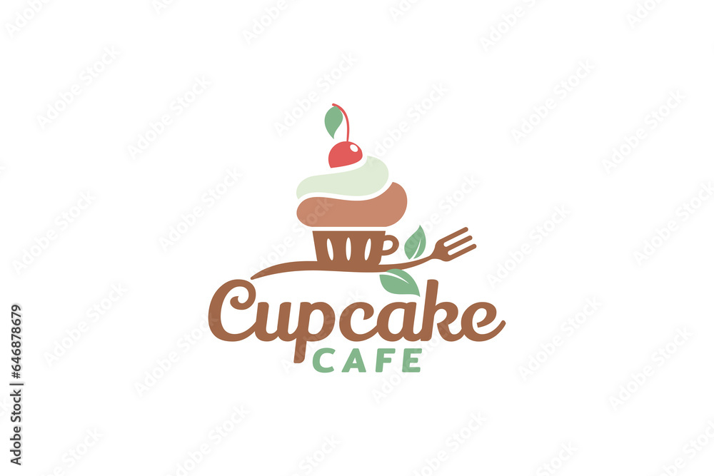Cupcake logo with a combination of a cupcake, cup, plant and fork which is suitable for bakeries, cafes, restaurants. Cupcake logo with a combination of a cupcake, cup, plant and fork which is suitable for bakeries, cafes, restaurants.