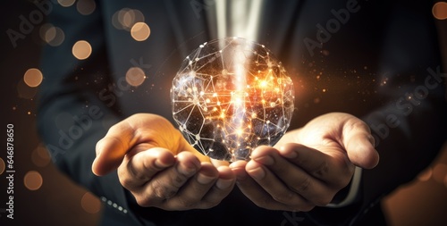 businessman holding a shiny network in his hands to show business intelligence concept Generative Ai
