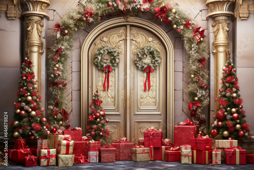 Wallpaper Mural Giant Doors With Christmas Decor. Christmas Trees and Presents. Colorful Red And Gold Background For Xmas Holidays. Generative AI Torontodigital.ca