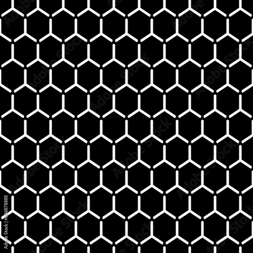 Repeated black interlocking regular hexagons tessellation background. Seamless surface pattern design with bee combs. Hexagonal grid motif. Honeycomb wallpaper. White three pronged blocks. Vector art.