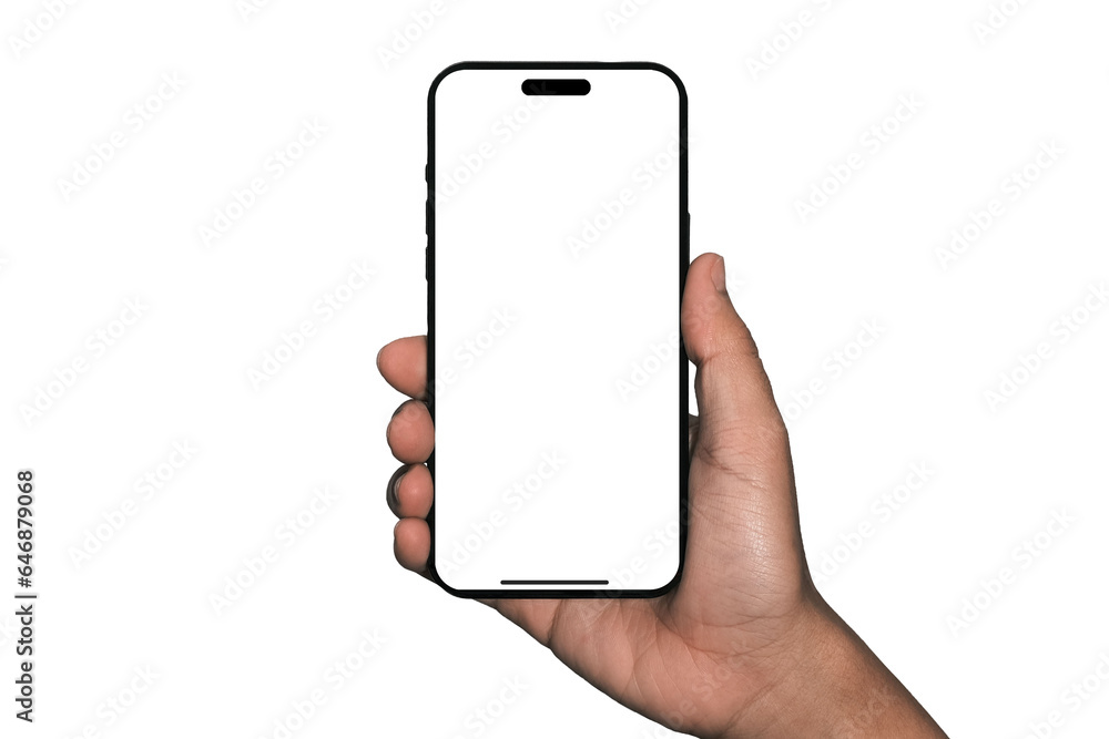 Smartphone similar to iphone 14 with blank white screen for Infographic Global Business Marketing Plan, mockup model similar to iPhone 15 isolated Background of digital investment economy - obrazy, fototapety, plakaty 