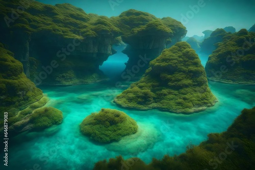 Craft a surreal natural scene with floating islands and bioluminescent flora - AI Generative