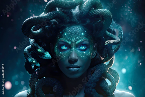 Head of Medusa with Snakes. Generative AI, non-existent person. 