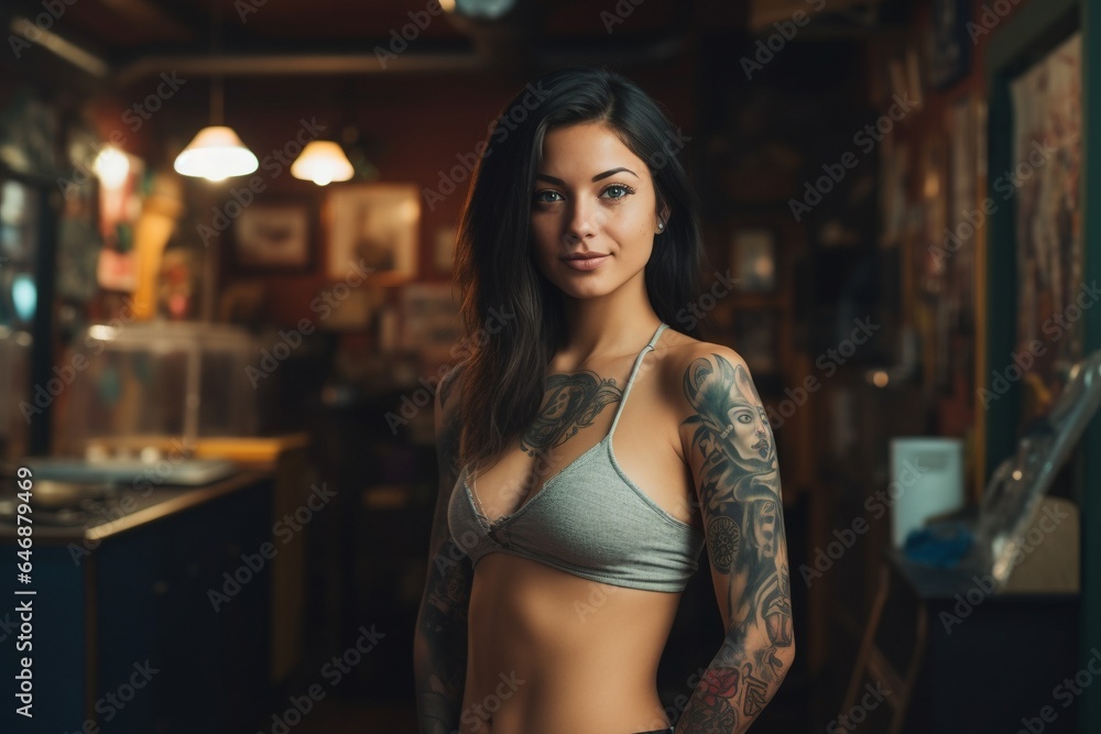 female model shows off tattoo in tattoo studio