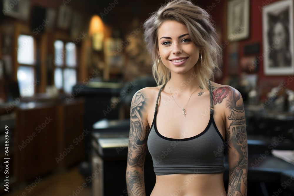 female model shows off tattoo in tattoo studio