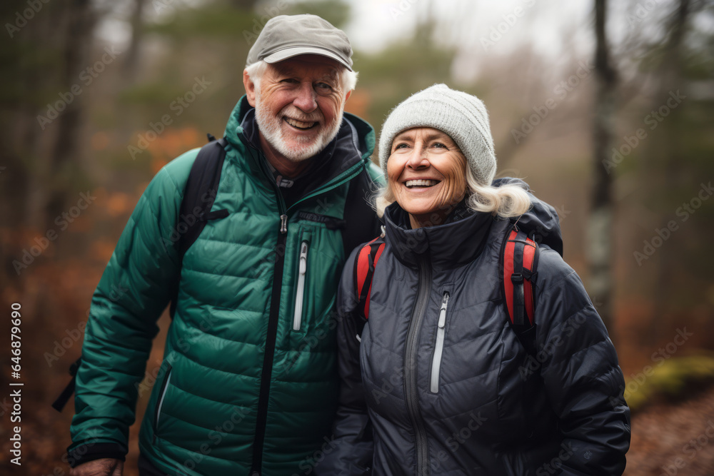 An older couple engaged in a brisk walk on a scenic trail in forest, outdoor exercise An older couple engaged in a brisk walk on a scenic trail in forest, outdoor exercise
