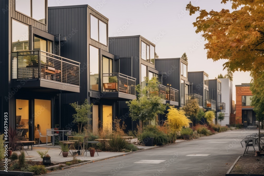 An exterior view on a row of a modular townhouse community with landscaped courtyards and communal spaces