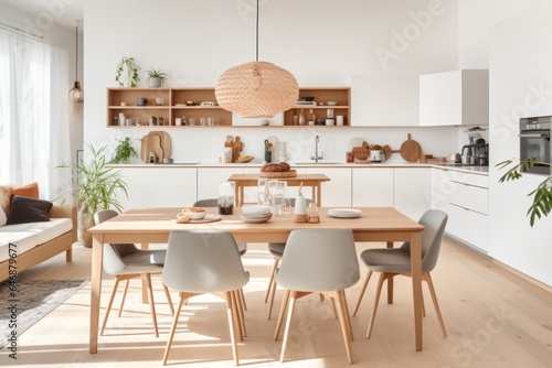 Interior of a cozy dining room with kitchen in Scandinavian style  wooden chairs and table  soft lighting  elegant and understated decor