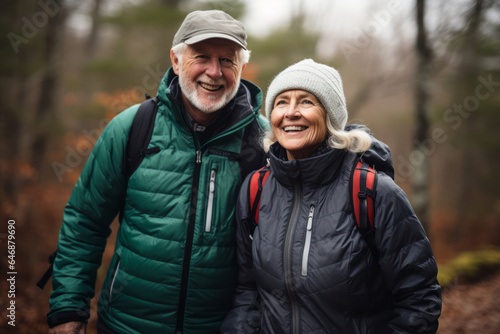 An older couple engaged in a brisk walk on a scenic trail in forest, outdoor exercise
