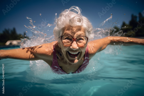 Close up view of a happy senior woman swimming in a outdoor pool, surrounded by splashing