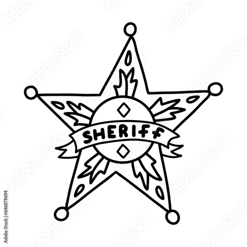 Sheriff badge doodle in the star shape with hand drawn outline. Cute emblem of western police, sign of law, security, justice. Wild West and cowboy symbol with golden elements isolated on background