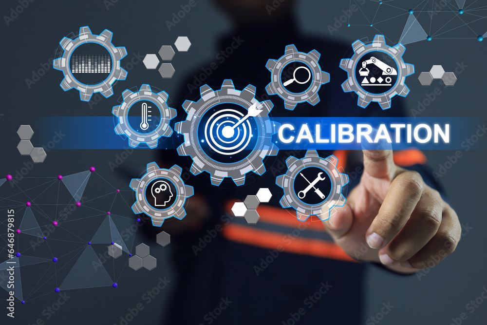 Engineer or lab staff pointing on instrument calibration must be do least once a year in order to control the accuracy of measurement error within the range specified by standard. ISO 17025 concept. - obrazy, fototapety, plakaty 