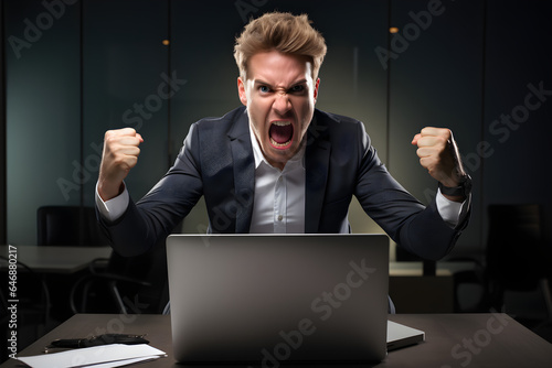 Angry businessman with laptop