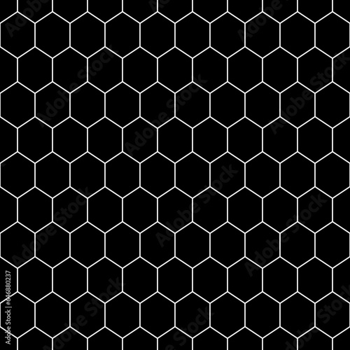 Repeated black polygons on white background. Honeycomb wallpaper. Seamless surface pattern design with regular hexagons. Grill motif. Digital paper for page fills, web designing, textile print. Vector