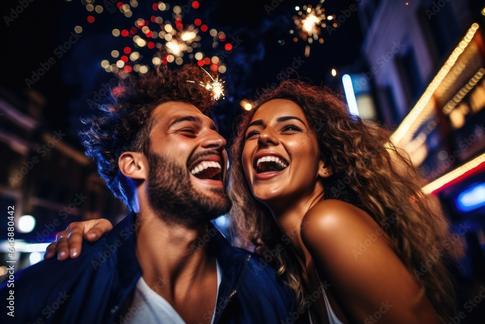 Young couple having a blast on a night out - stock photography