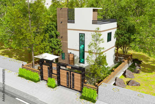 3D Modern Villa, minimalist house, luxury architecture, 3D render © mustapha