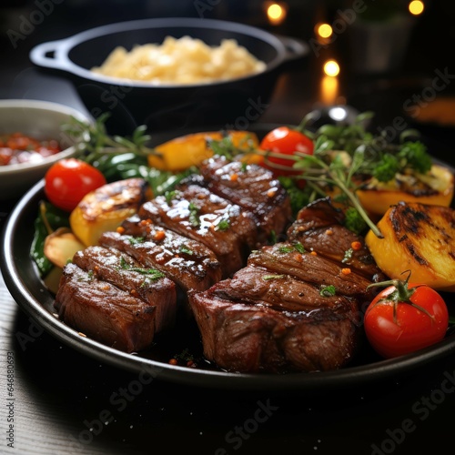  Grilled beef steak with baked potatoes and tomatoes on a black background
