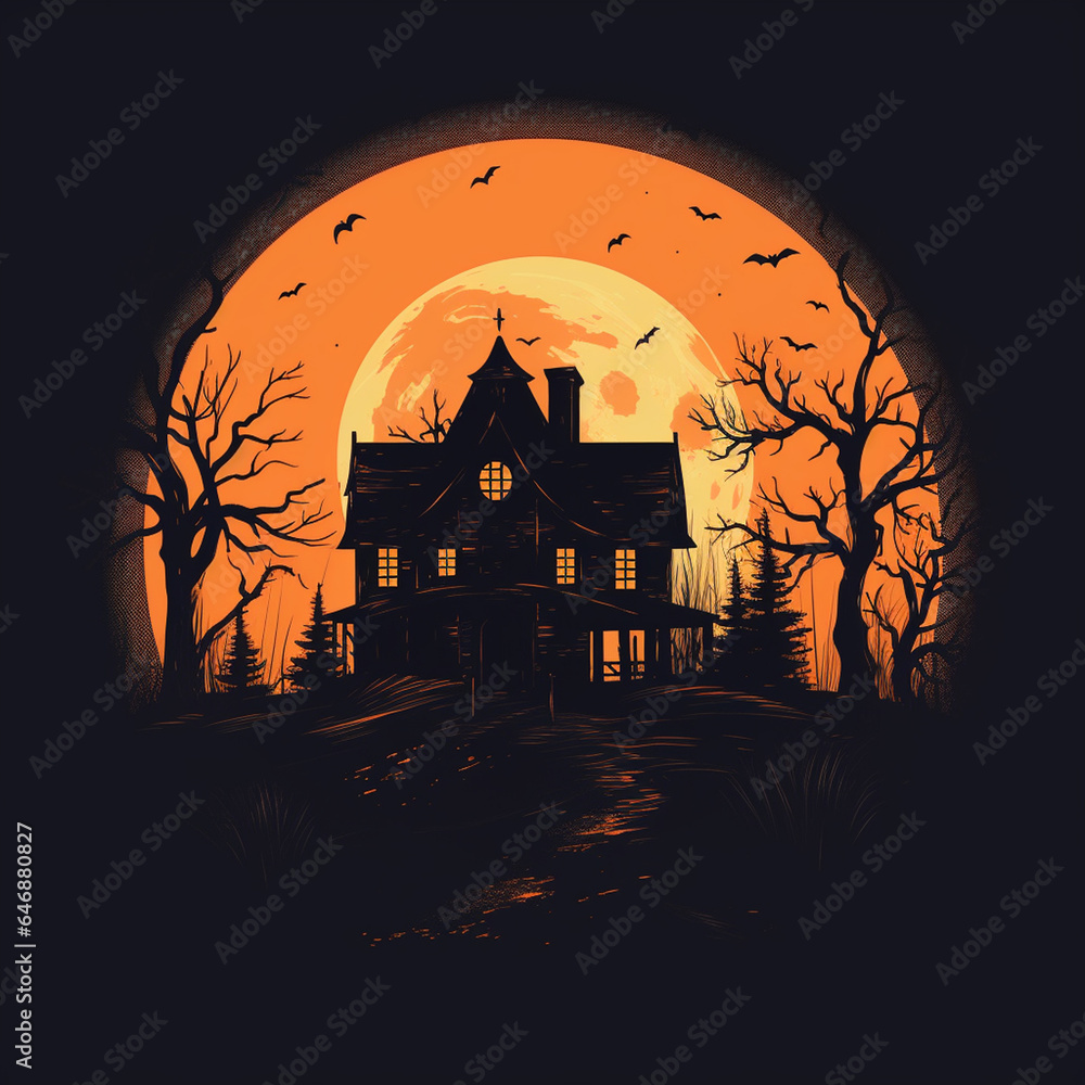 Creepy Haunted House Silhouette in Retro and Vintage Art Style on Black Background - in Circular Shape with Orange Color Tones - Halloween Concept
