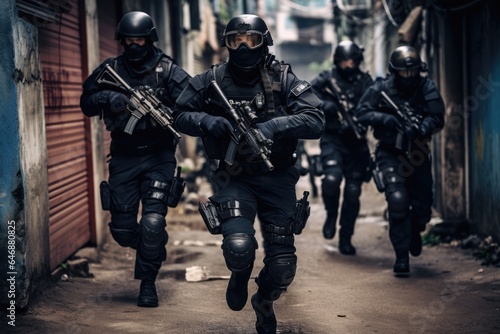 Special force police officers chasing a criminal - stock photography