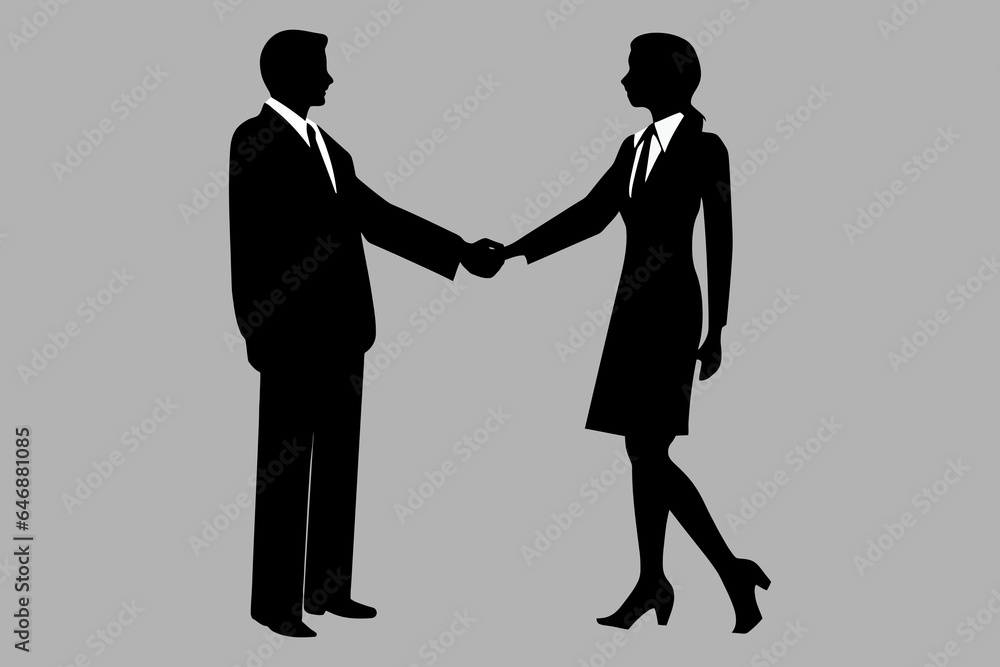 Silhouettes of businessman and businesswoman shaking hands over business deal and agreement. Flat design vector illustration with white background