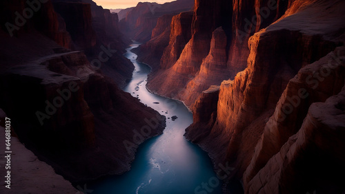 Dramatic and rugged canyon with steep walls and a winding river below - AI Generative © Being Imaginative