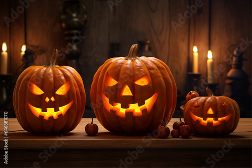 halloween jack o lantern, three carved pumpkins with candles on a wooden table