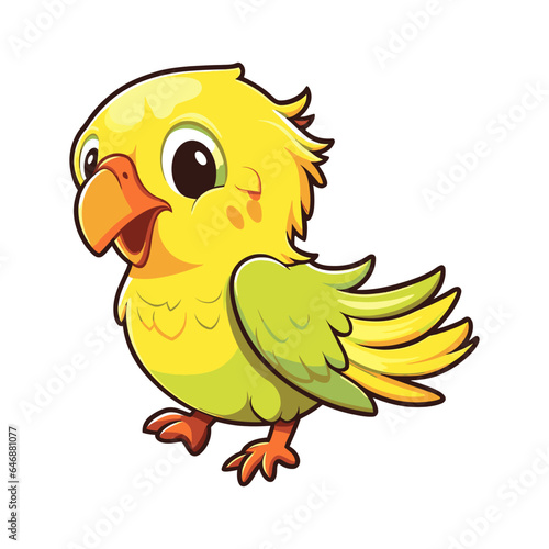 Happy cute yellow parrot isolated sticker, topical bird.