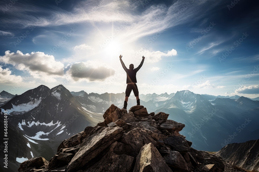 Mountain Peak Triumph Model reaching a mountain summit - stock photography Mountain Peak Triumph Model reaching a mountain summit - stock photography