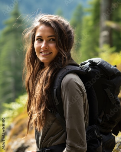Nature Hike Model on a scenic hiking trail - stock photography