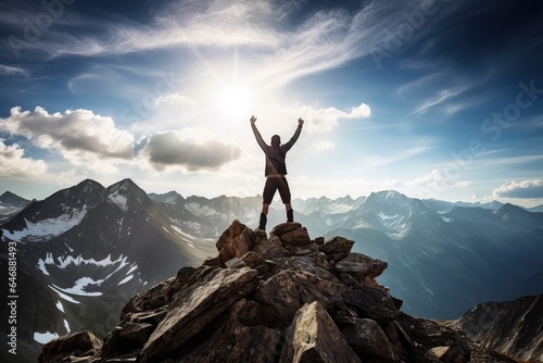 Mountain Peak Triumph Model reaching a mountain summit - stock photography