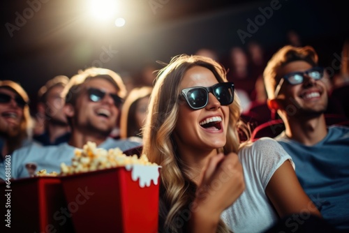 Group of young people have fun in a cinema - stock photography
