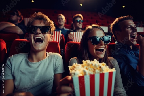 Group of young people have fun in a cinema - stock photography
