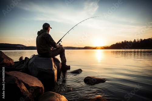 Fishing by the Lake Model with a fishing rod - stock photography