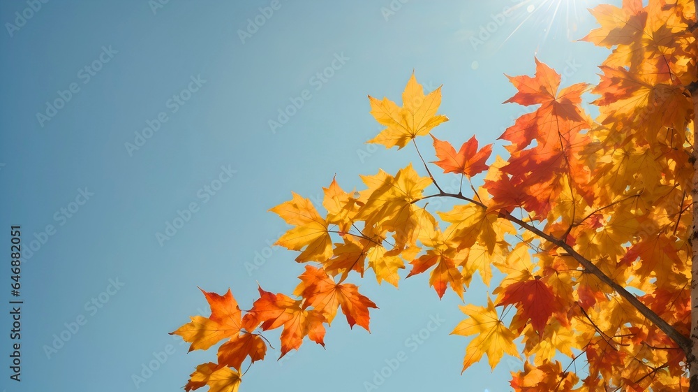 A sprig of autumn colored maple tree branch against a blue sky. Yellow and orange bright fall leaf background with copy space. Illustration for template or graphic design A sprig of autumn colored maple tree branch against a blue sky. Yellow and orange bright fall leaf background with copy space. Illustration for template or graphic design