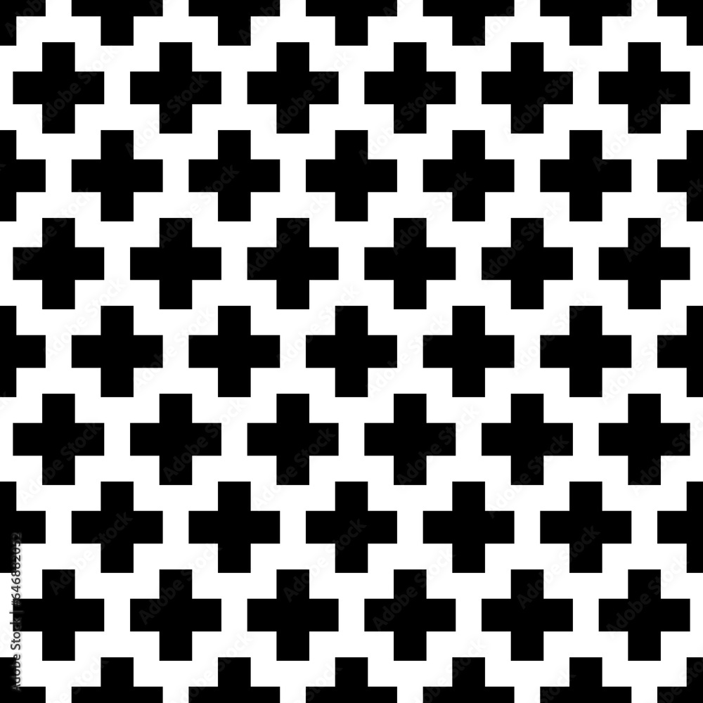 Crosses wallpaper. Repeated black figures on white background. Seamless surface pattern design with polygons. Mosaic motif. Digital paper for page fills, web designing, textile print. Vector art. Crosses wallpaper. Repeated black figures on white background. Seamless surface pattern design with polygons. Mosaic motif. Digital paper for page fills, web designing, textile print. Vector art.