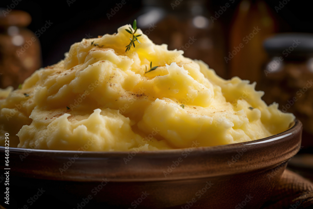 Homemade Thanksgiving mashed potatoes with herbs in clay ceramic plate, dark background with jars and blanks. Napkin on wooden table. Homemade Thanksgiving mashed potatoes with herbs in clay ceramic plate, dark background with jars and blanks. Napkin on wooden table.