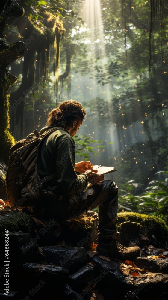 young man in the middle of the forest, drawing botany and taking notes, biologist, light entering through the treetops