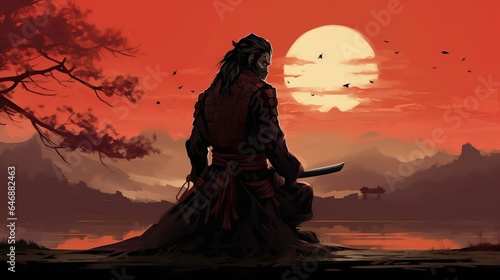 A Japanese Samurai Warrior in circle with a red sun background. Japanese samurai illustration.