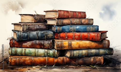Watercolor style  stacks of books on a white background.