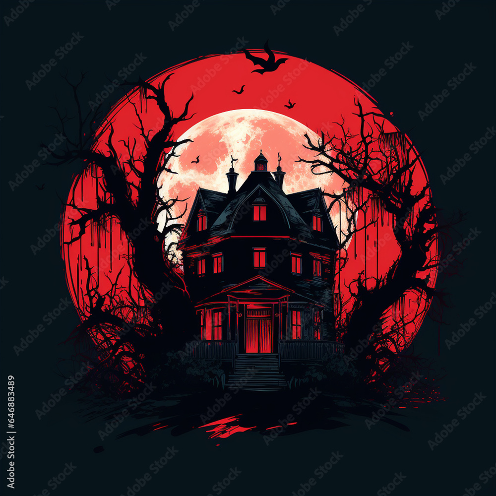 Creepy Haunted House Silhouette in Retro and Vintage Art Style on Black Background - in Circular Shape with Red Color Tones - Halloween Concept
