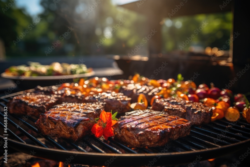 Mouthwatering barbecue grilling - juicy meat, charred veggies, vibrant flavors. Generated AI