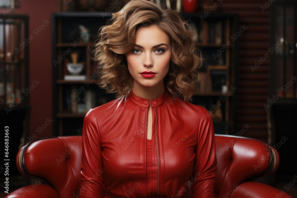 Elegant woman in red on a leather sofa, captivated by the camera. Generated AI Elegant woman in red on a leather sofa, captivated by the camera. Generated AI