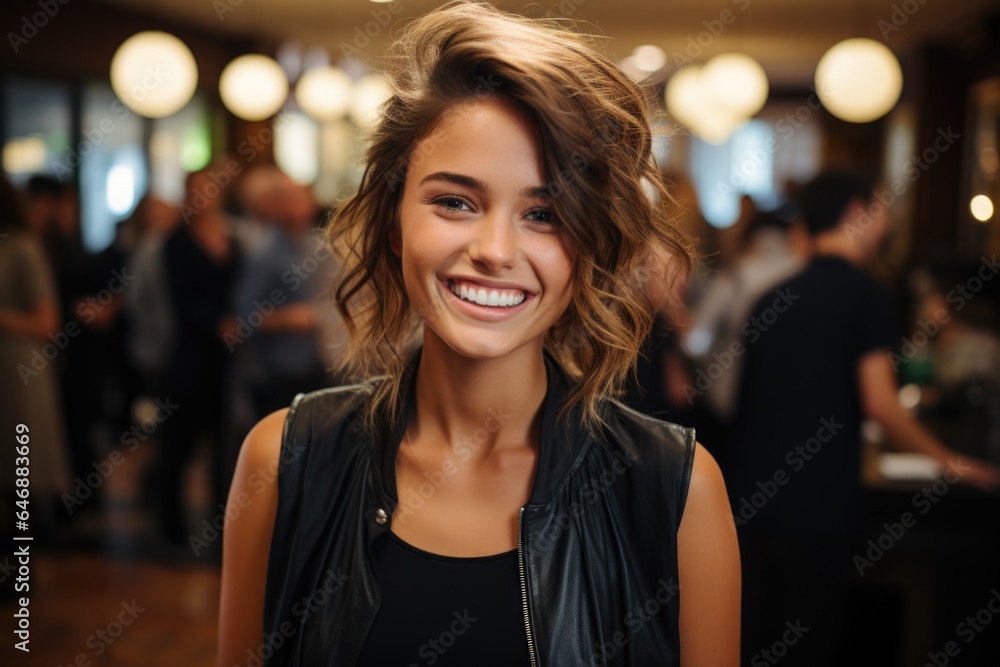 Joyful young woman smiling at the camera in casual fashion. Generated AI Joyful young woman smiling at the camera in casual fashion. Generated AI