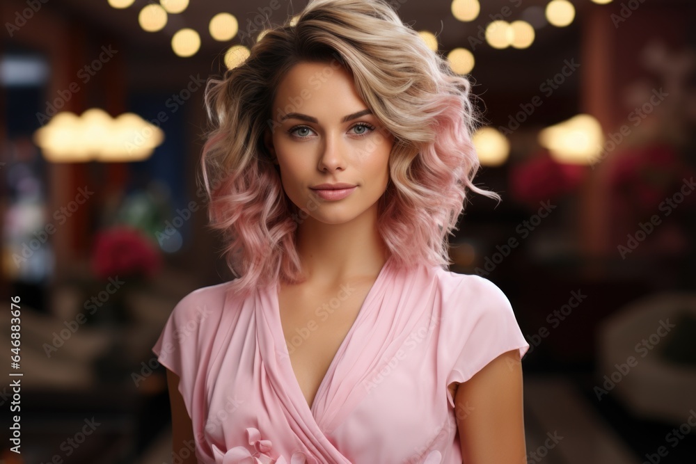 Confident, happy woman with blond hair, fashionable clothing, and captivating gaze. Generated AI Confident, happy woman with blond hair, fashionable clothing, and captivating gaze. Generated AI