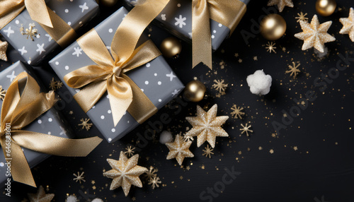 white Christmas presents on black concrete background,flat lay,top view,minimalism.